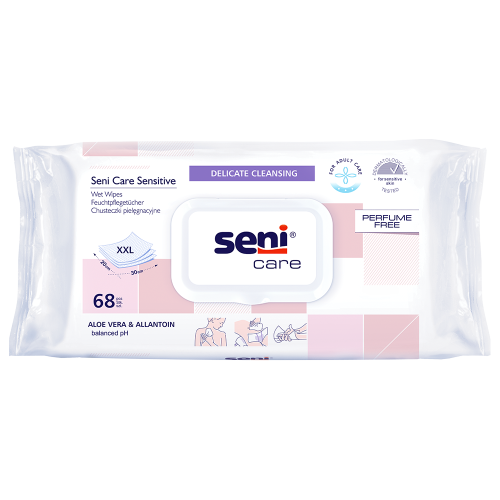 Bild der Verpackung der Seni Care Sensitive Feuchttücher