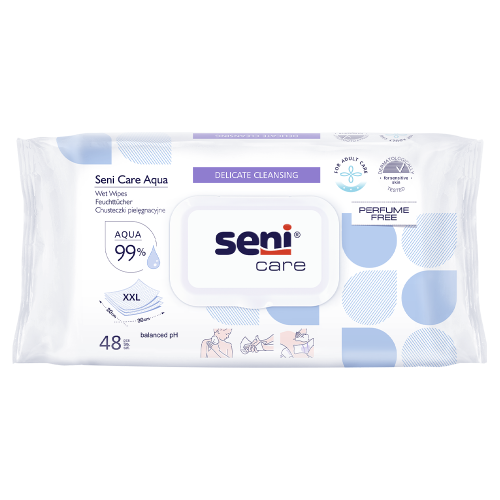 Bild der Verpackung der Seni Care Aqua Feuchttücher